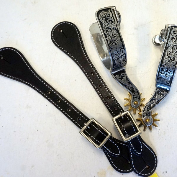 Adult- Men/ Ladies Stainless Steel Spurs with engraved scrolling - Option to purchase With Or Without Spur Straps-Black Glitter Purple/ Teal