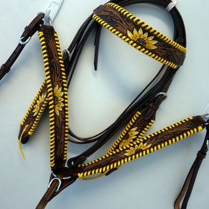 Popular One-Two Toned Brown Brushed Leather Western Pony Cob Or Full Horse Headstall Breastplate Reins- Yellow Buck stitch Sunflower accent!