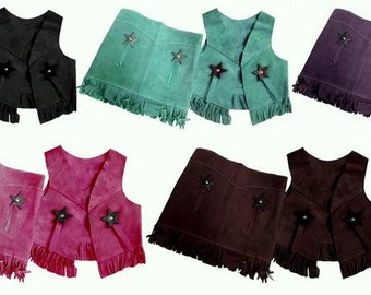 Holiday/ Halloween Costume Children's Western Suede Vest and Skirt Set Fringe and stars- Pink Purple Teal Black & Brown-Sm to XL