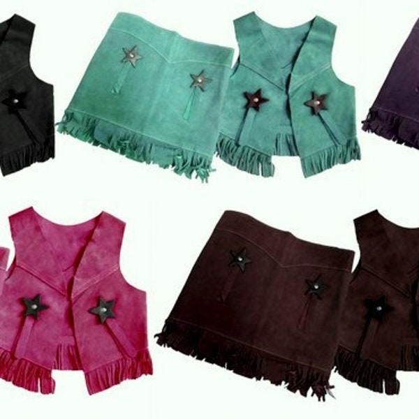 Holiday/ Halloween Costume Children's Western Suede Vest and Skirt Set Fringe and stars- Pink Purple Teal Black & Brown-Sm to XL