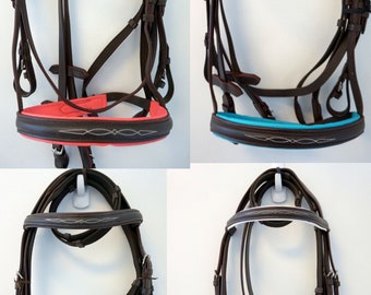 Leather English Bridle-Colored Padding & Fancy stitch Brow Band + Nose Band w/Web reins: HORSE Or COB Black Tan Brown color!