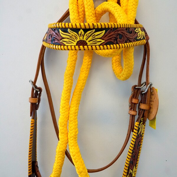 Leather Western Full Horse Headstall- Buck stitch with sunflower accents Option of Yellow or Black color cotton reins.