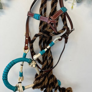 Headstall Bosal Mecate Reins- Horse Full size Headstall Bitless Bridle Reins-Pink Purple Black Teal Rawhide accents