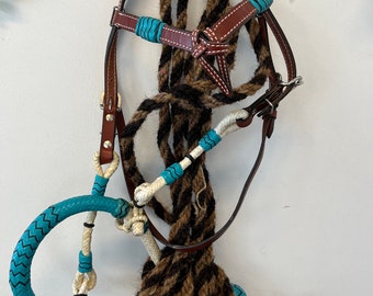 Headstall Bosal Mecate Reins- Horse Full size Headstall Bitless Bridle Reins-Pink Purple Black Teal Rawhide accents