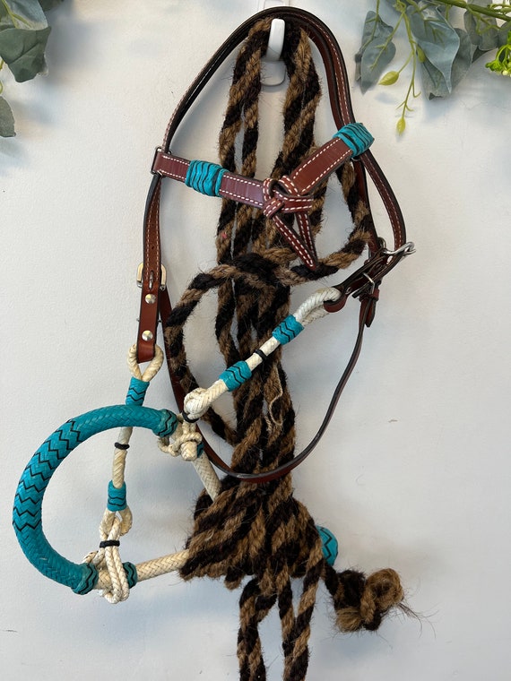 Headstall Bosal Mecate Reins Horse Full Size Headstall Bitless Bridle  Reins-pink Purple Black Teal Rawhide Accents 
