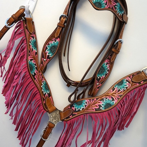 Western in Pony Or Horse Medium Leather Hand painted Headstall Breastplate Reins Set- Teal & Pink Floral Accents, Fringed: shops Wave Browband!