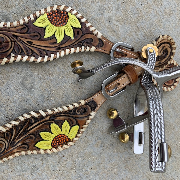 Ladies/ Youth Steel simple rope engraved steel Spurs with Buck Stitch accent sunflower Spur Straps Combo Deal Or Individual Purchase!!!