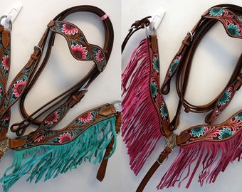 Western Pony Cob Horse Medium Leather Hand painted Headstall Breastplate Reins- Teal Pink Brown Floral Accents Fringed: Wave Browband!