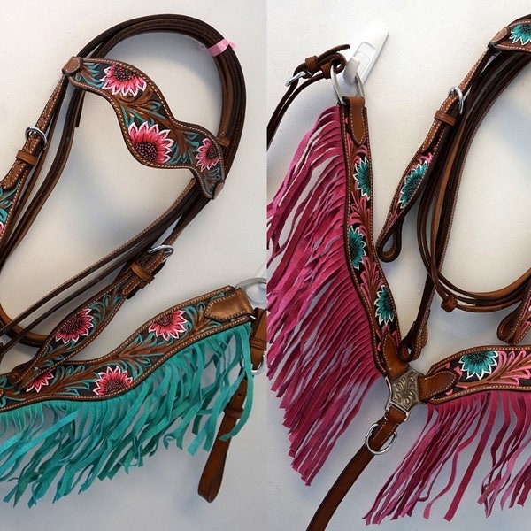 Western Pony Cob Horse Medium Leather Hand painted Headstall Breastplate Reins- Teal Pink Brown Floral Accents Fringed: Wave Browband!
