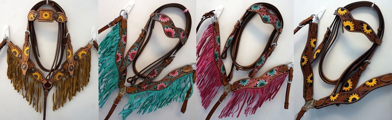 Western in Pony Or Horse Medium Leather Hand painted Headstall Breastplate Reins Set- Teal & Pink Floral Accents, Fringed: shops Wave Browband!