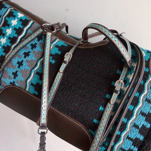 34x36" Teal Beige Black Felt Horse Pad Navajo design woven wool top Memory Foam Option to Buy as a SET: Headstall Breastplate Horse size