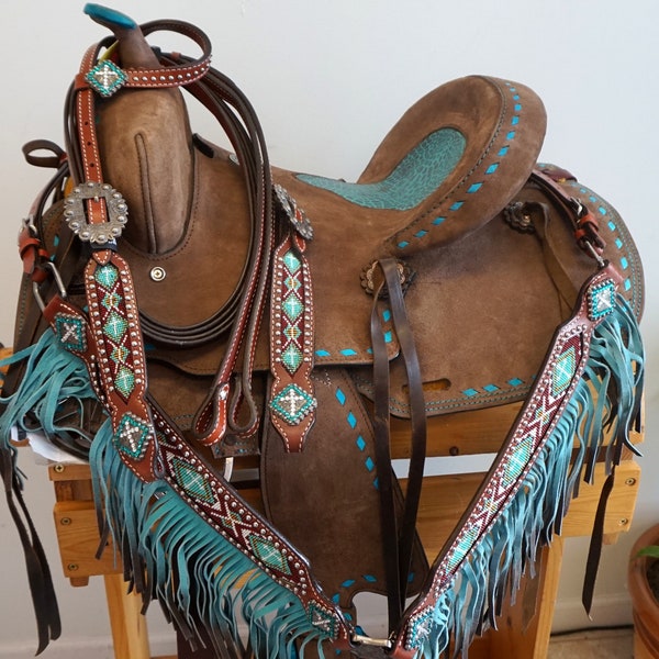 Roughout Tooled Western Youth Horse Trail Barrel Saddle 12" 13" Turquoise Buck Stitched With Fringed Headstall set Beaded Embroidery