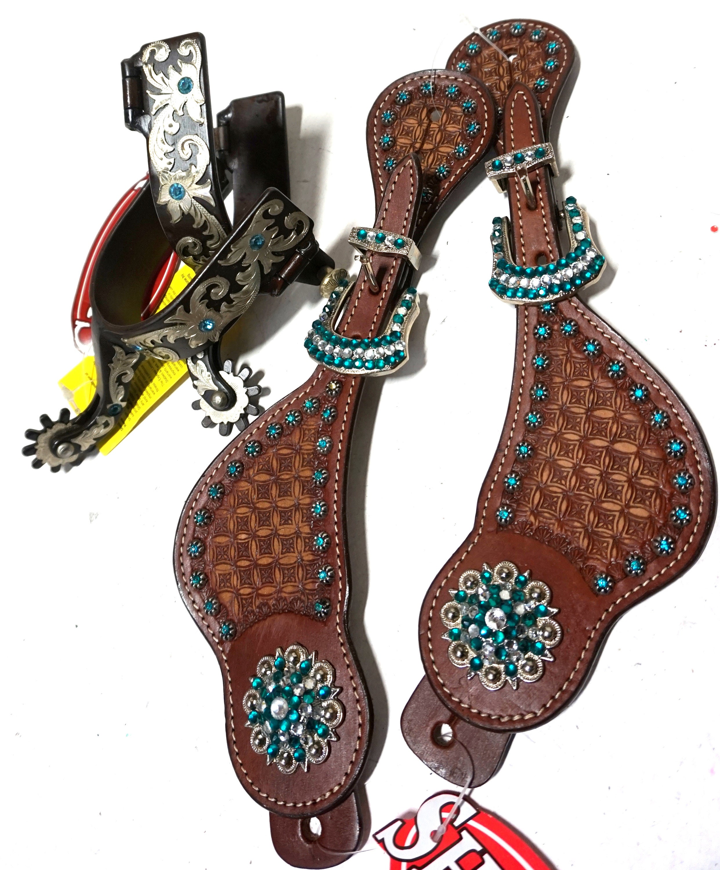 Ladies Brown Steel with Blue crystals Show Spurs with Spur Straps Combo deal- Super Bling, Bedazzled!!!