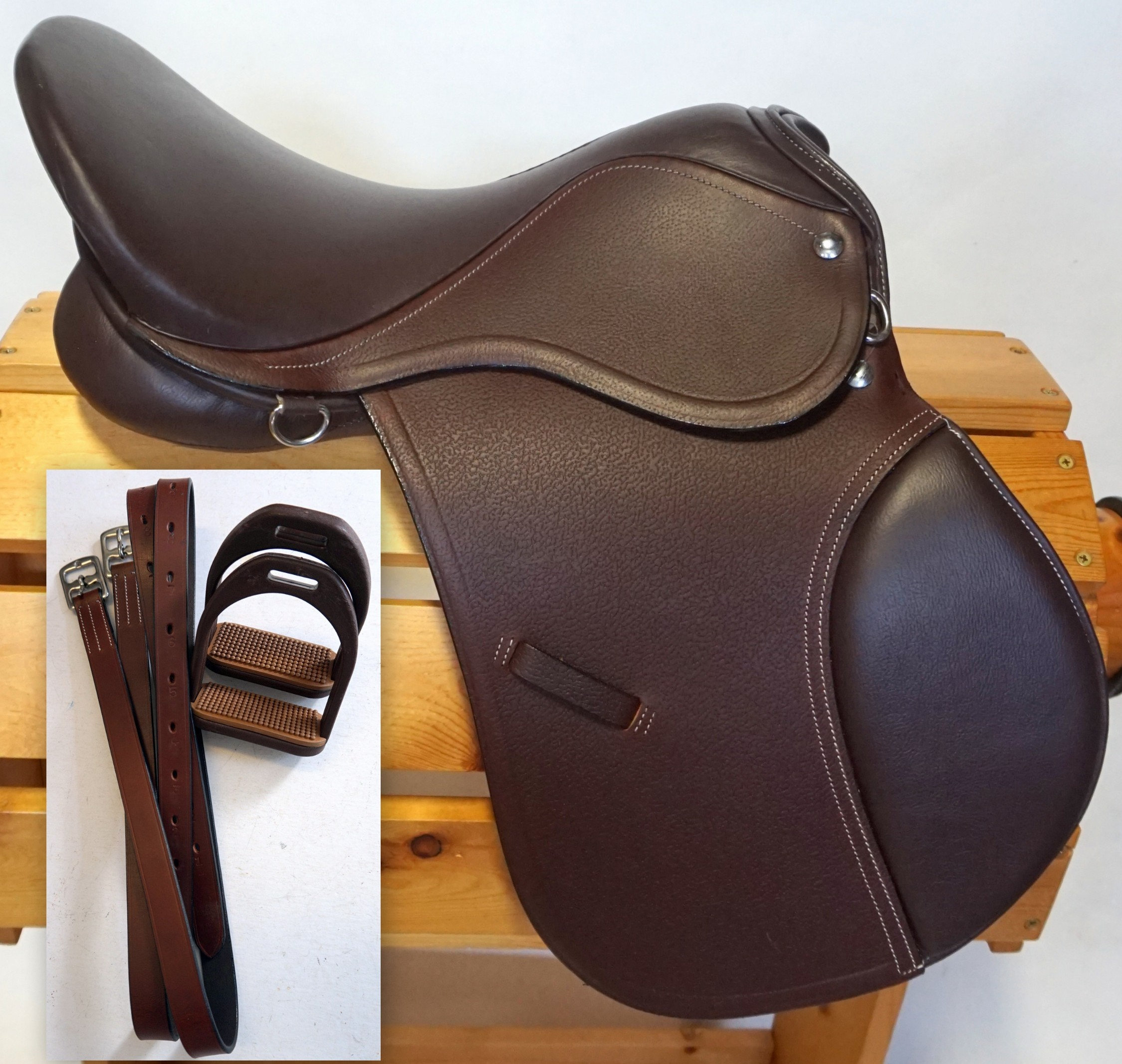 WIDE TREE All Purpose-14" 15" Lead line 4H Training Brown English-Saddle Only Or 48" Leathers + 4.5" Irons 3 pc pkg OR Plus bridle -4 Pc Pkg