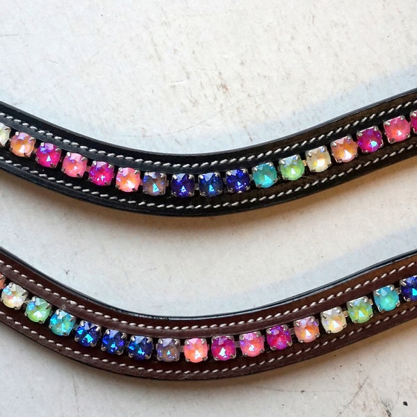 Bedazzled BrowBand- For English Bridle: Xl (Warmblood)/ Horse/ Cob/ Pony Pastel RAINBOW colors. DIP design. Stocking Stuffer for Gift! NEW