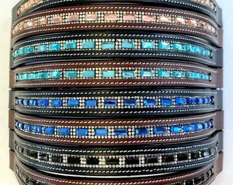 Bedazzled Brow Band- For English Full Cob Pony Bridle:Rectangular Blue Teal Black Peach crystals Shinny- NON Padded- Black or Brown Leather