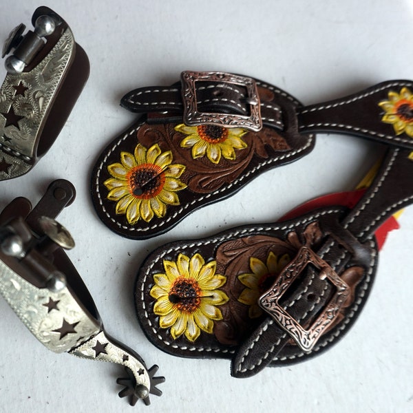 Kids Brown Steel with star cutouts- Show Spurs with Spur Straps Combo deal Or Buy Individually- Sunflower accents!