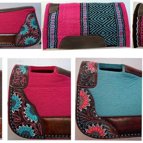 Unique Accents! Western pad for youth & kids saddle- 24x24 Or 27x28" Or 28x30" Felt pads Tooled Painted trims-Floral accents Leather wears!