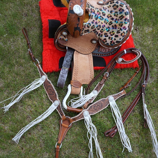 New Western YOUTH Horse Trail Barrel Saddle 10" 12" OPTION of Pad Full size Headstall Breastplate Set- Hairon Cheetah on Metallic Splatter.