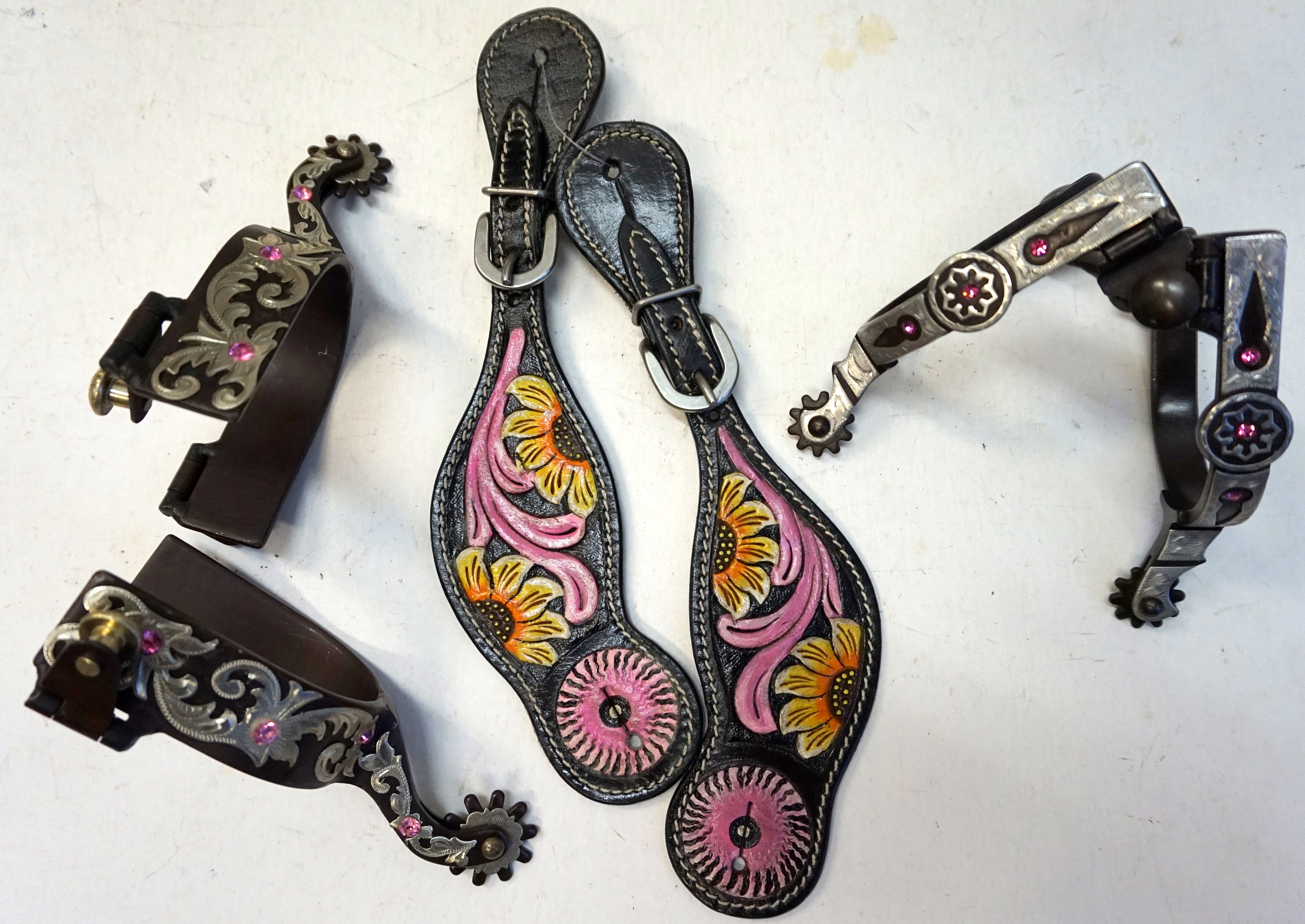 Ladies Brown Steel Pink crystals Show Spurs (2 styles) with Or Without Spur Straps Combo deal- Pink & Sunflower Floral accents, Bedazzled!!!