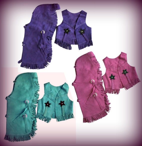 Back In: Halloween Costume Children's Western Suede Vest and Chaps Set Fringe and stars- Back- Pink Purple Teal Black & Brown
