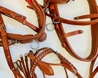 Horse Or Cob size quality TAN w/studded Accents Complete Driving cart harness Set Bridle + Breastcollar + Breeching+ Saddle w/girth.