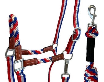 Red White & Blue-Adjustable Nylon Halter w/8' cotton matching lead rope-Full Horse Pony Cob: Gifts, Shows, Awards!!!