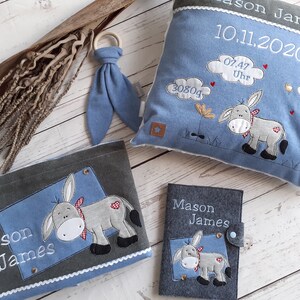 Kissen, Decke, U-Pass-Hülle im Set, Geschenk, Geburt, Junge, Mädchen, Esel, Beißring