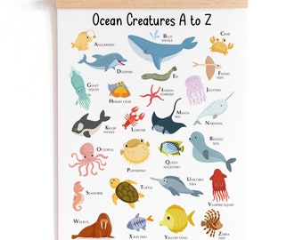 Ocean Creatures Alphabet Printable Art, Underwater Animals Print for Kids, Under the Sea A to Z, Children Ocean Theme Art Kids Bedroom Decor