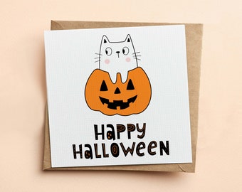 Cat in a Pumpkin Halloween Greeting Card, Cute Halloween Card, Pumpkin and Cat Card, Halloween Greetings for cat lovers