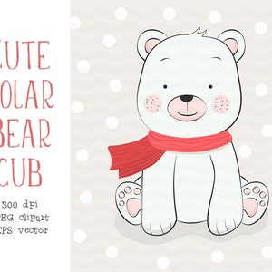 Cute Polar Bear Cub Clipart - Polar Bear Illustration - Hand Drawn Polar Bear - Winter Animals - Polar Bear Scarf and Snow - JPG EPS