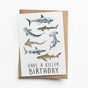 Carte de voeux requins - Avoir un anniversaire de tueur - Carte de joyeux anniversaire - Carte vierge de 5 x 7 pouces pour les amoureux des requins - Amis de l'océan