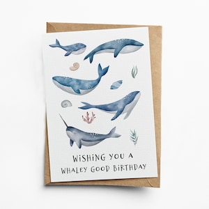 Tarjeta de felicitación de ballenas - Te deseo un buen cumpleaños de Whaley - Tarjeta de feliz cumpleaños - Tarjeta en blanco de 5x7 pulgadas para los amantes de las ballenas - amigos del océano