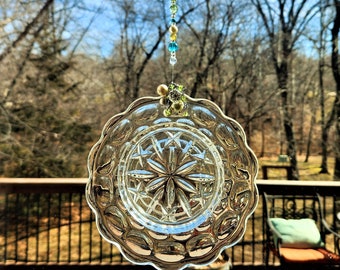 Vintage Clear Cut Glass Suncatcher - Hand Beaded - Whimsical - Antique Glass - Recycled China - Light Catcher - Sun Catcher -