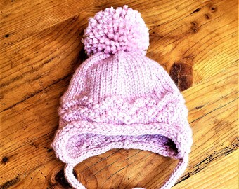 Hand Knit Ear Flap Toddler Hat - Pale Pink - White Fleck - Large Pom Pom - Girl's Hat - Hat with Tie - Kid Beanie - Winter Hat