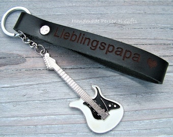 Customizable leather key pendant, guitar, electric guitar. favorite dad, unique key ring, coordinates, g clef, treble clef, treble staff