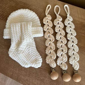 White Newborn Hat and Bootie Set | White Preemie Hat and Bootie Set | Pacifier Set of 3 | Booties for Babies
