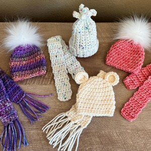 Colorful Crochet Hat and Scarf Set with Pom Poms Crochet Pattern Double Pom Pom Hat Scarf SET, Toddler Cowl  main image 3