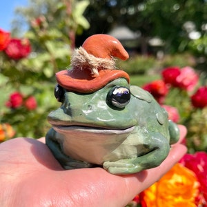 Handmade Hand-painted Polymer Clay Halloween Fall Spring Witch Toad Figurine Art | Seasonal Cute Warty Autumn Frog Sculpture Home Decoration
