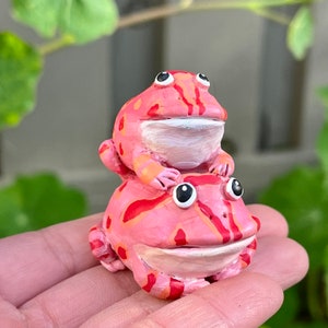 Handmade Polymer Clay Cute Green or Pink Stacking Pacman Frog Friends | Hand-painted Acrylic Colorful Pet Amphibian Desk Buddy Sculpture