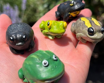 Handmade Polymer Clay Tiny Little Green Fat Chubby Bullfrog and