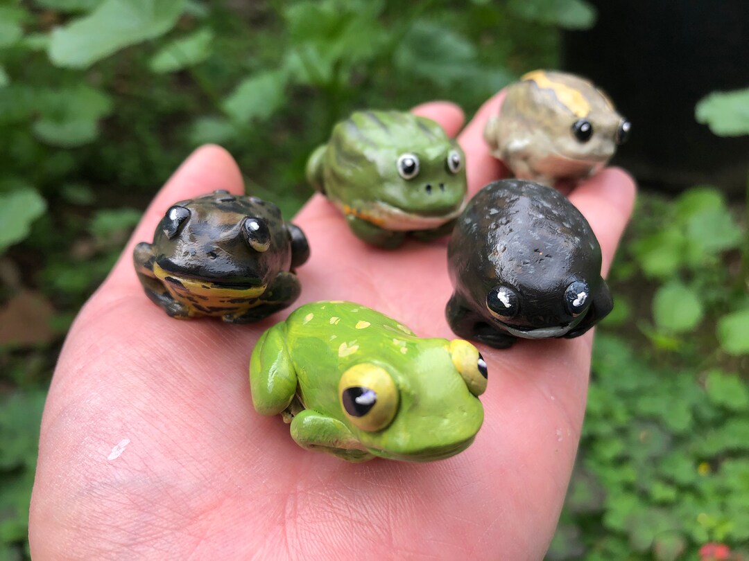 Handmade Polymer Clay Tiny Little Green Fat Chubby Bullfrog and