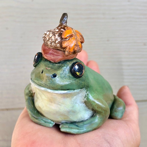 Handmade Polymer Clay Autumn Acorn Hat Frog Decor Statue | Hand-sculpted Acrylic Green Fall Inspired Cute Little Toad Figurine Collectible