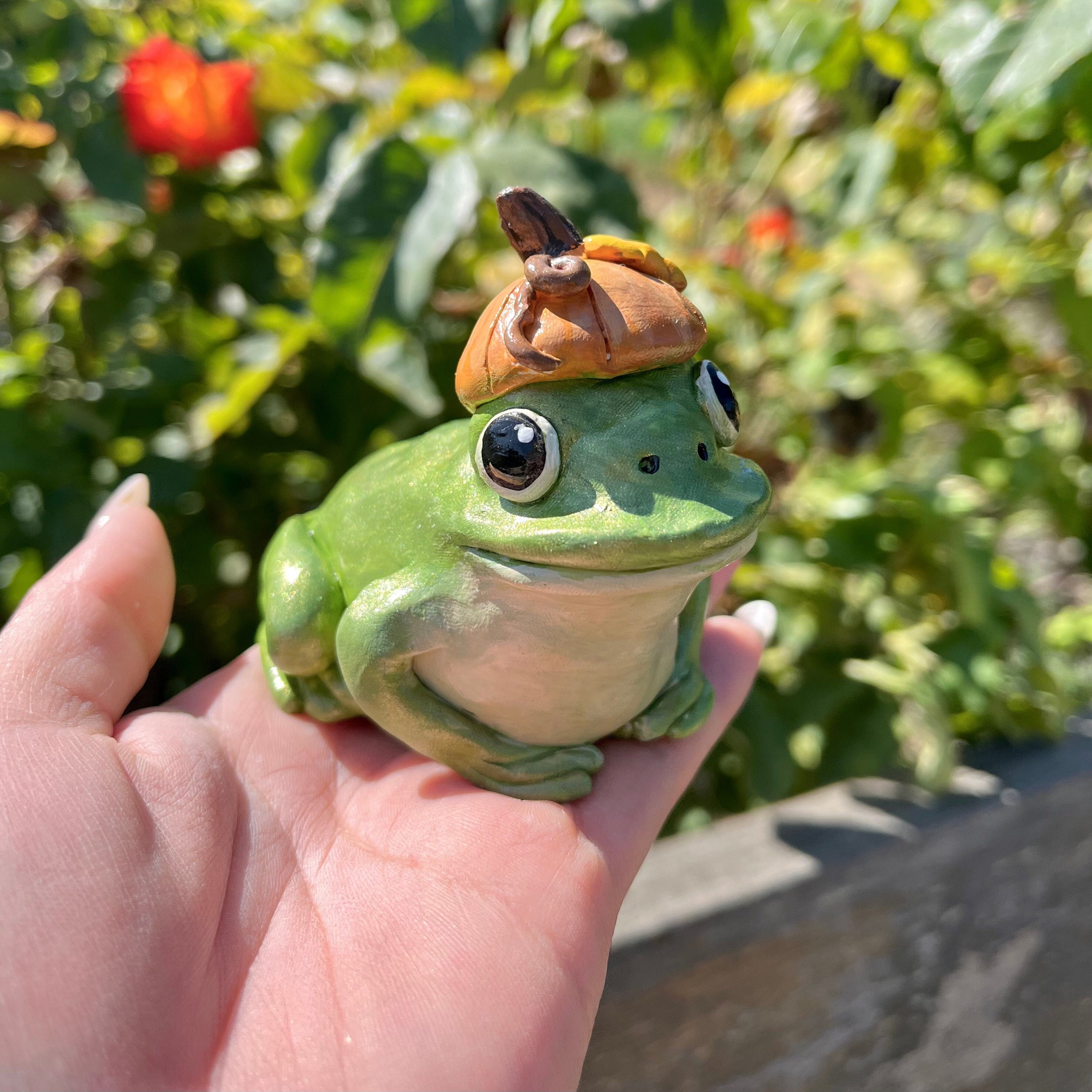 Handmade Polymer Clay Green Halloween Pumpkin Hat Frog Statue