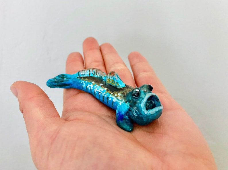 Handmade Hand-painted Polymer Clay Blue Brown Mudskipper Figurine Miniature Gift Little Quirky Cute Amphibious Pet Fish Statue Knick Knack image 7