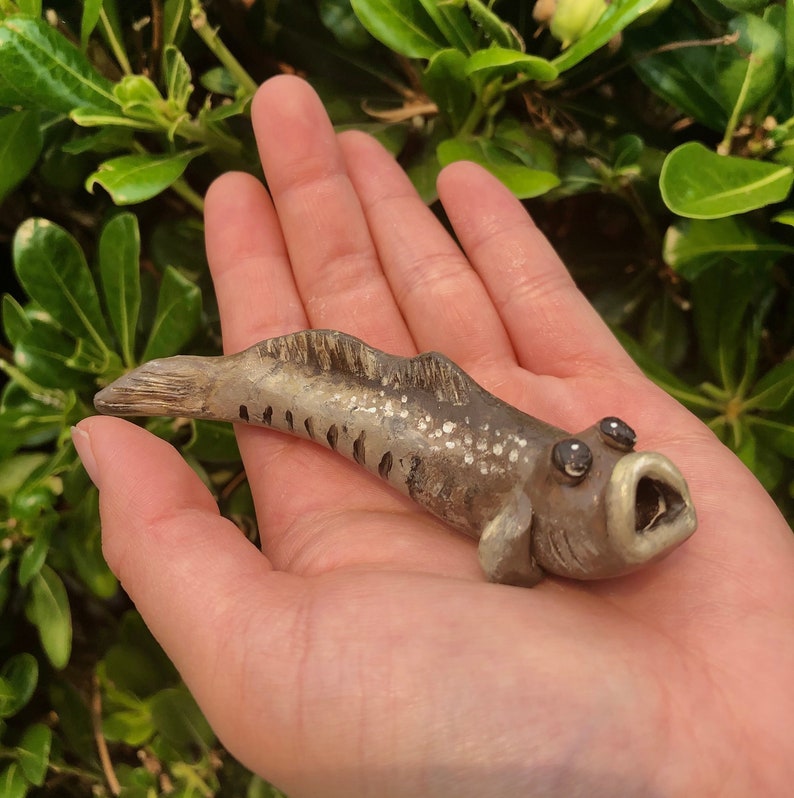 Handmade Hand-painted Polymer Clay Blue Brown Mudskipper Figurine Miniature Gift Little Quirky Cute Amphibious Pet Fish Statue Knick Knack image 3