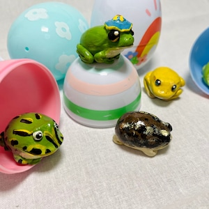 Handmade Polymer Clay Easter Egg Basket Filler Tiny Fat Frog Toad Figurines | Hand-Painted Mini Spring Amphibian Gift Statue Collectibles