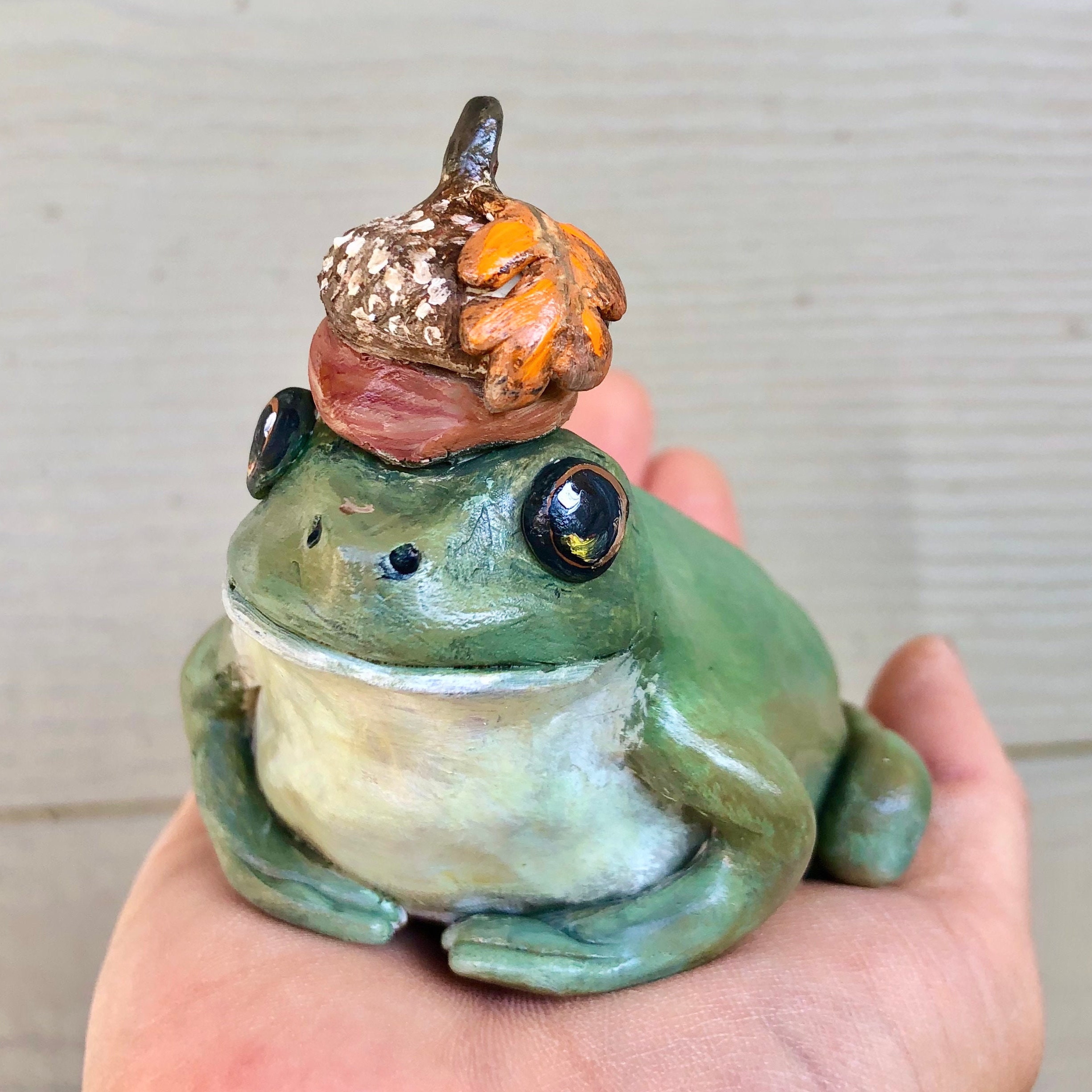 Handmade Polymer Clay Autumn Acorn Hat Frog Decor Statue | Hand
