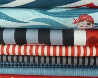 Pirate fabric bundle, 9 fabrics total 5.60 m fabric x 110 cm, 1 panel 16 pennants, Moda fabrics, cotton fabric, patchwork, quilting