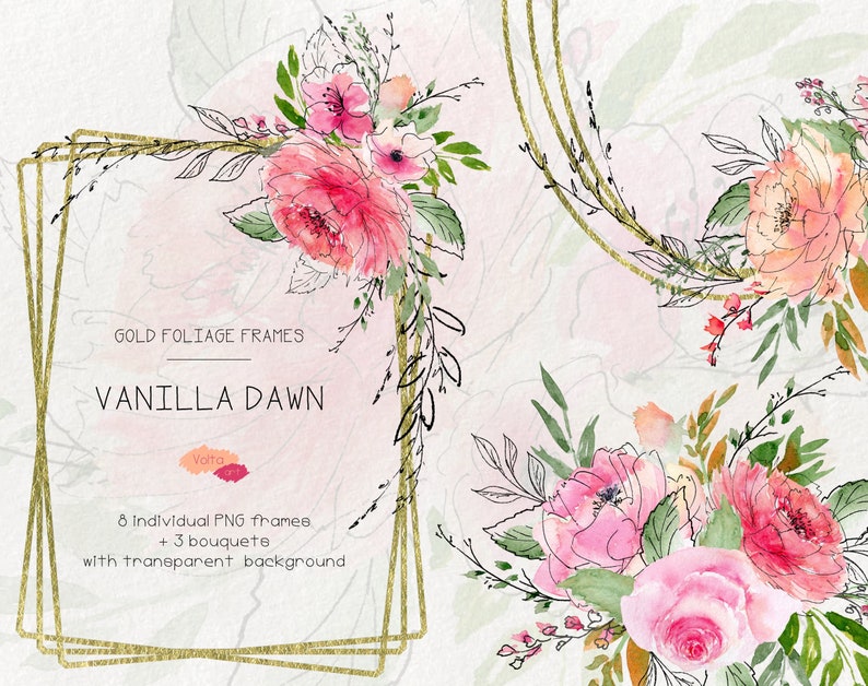 Commercial use Linear graphic Watercolor Floral Geometric Gold foliage Frames border Vanilla peach frames PNG Wedding Invitation Design